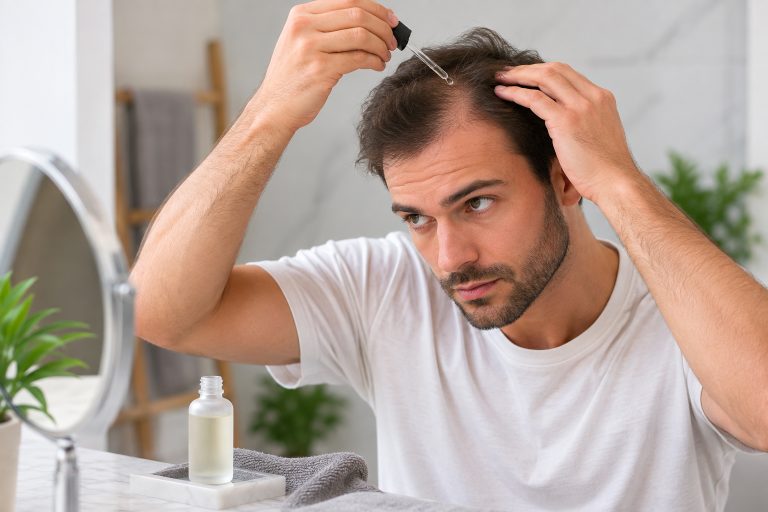 Uomo che applica una lozione sul cuoio capelluto in una routine per alopecia androgenetica